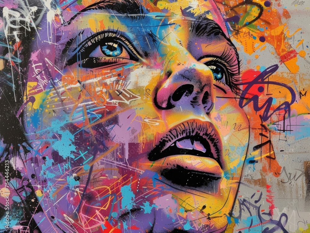 A woman's face is painted with bright colors and graffiti