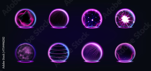 Protect shield, purple circle. Sphere field force, dome bubble, barrier energy technology, effect globe, futuristic neon blue glass, defense safety, transparent barrier. Vector secure 3d isolated set