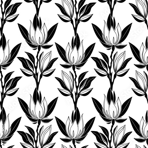 seamless black graphic floral pattern on white background, texture © Yuliia