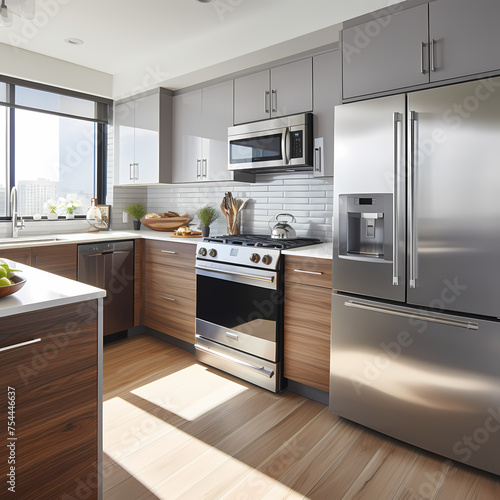A modern kitchen with stainless steel appliances. 