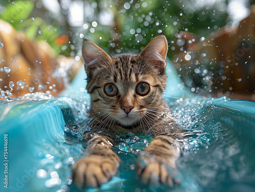 Cat swimming inside blue waterslide. 