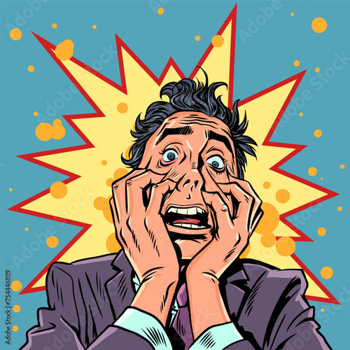 A man in a suit holds his face in a panic. Crazy offers for clients. A desperate situation requiring a quick solution.