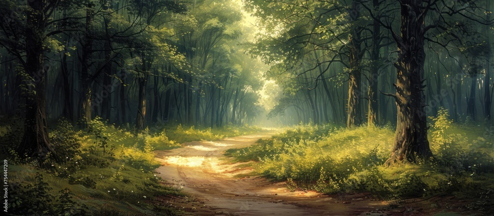 A painting depicting a sandy dirt road cutting through a dense forest, showcasing the beauty of nature in a tranquil setting.