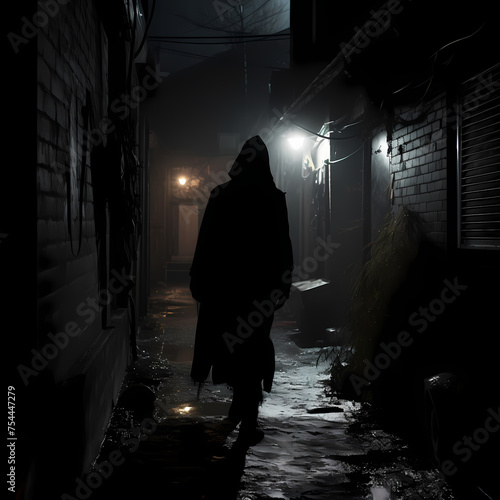 A mysterious masked figure in a dimly lit alley.