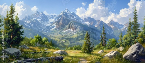 A painting depicting a majestic mountain range with prominent rocks and lush green grass in the foreground. © FryArt Studio
