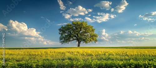A solitary, tall tree stands prominently in the center of a vast field, surrounded by an expanse of greenery under a clear sky. © FryArt Studio
