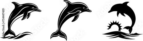 3 sets of dolphin jumping black silhouette vector illustration on a Transparent Background