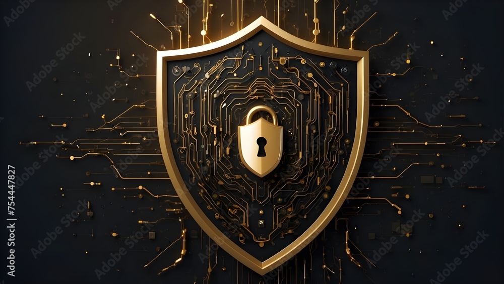 Fototapeta premium Guarding the Digital Frontier: A Golden Shield Symbolizing Robust Cybersecurity and Data Protection in the Age of Technological Innovation, generative AI