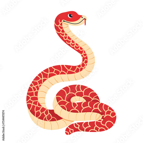 Chinese oriental Snake zodiac sign, simple cartoon cute illustration.. Red and white skin. Isolated design element for Chinese New Year 2025.