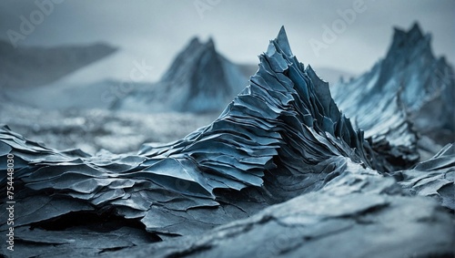 Jagged, sharp shapes in cold blues and grays, conveying a sense of tension and unease. 