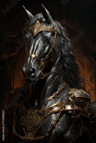 Black Knight horse armor, close-up portrait.