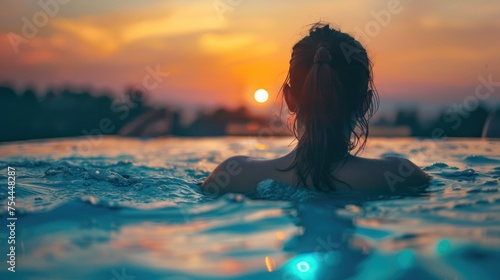 A woman is swimming in a pool with the sun setting in the background.