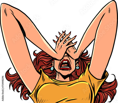 A panicked woman holds her face with her hands. A hopeless situation for business. Serious health and pain problems.
