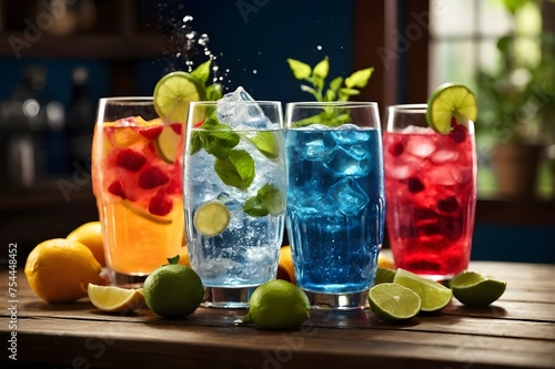 Summer Refreshment  A Colorful Array of Fruit Cocktails Splashing with Vibrancy  Inviting You to a Cool and Refreshing Experience  generative AI
