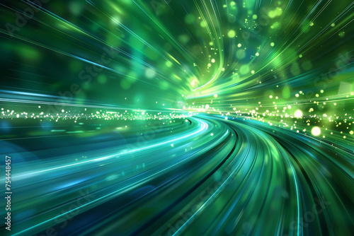 Abstract futuristic background, blending high-speed light trails with a technological essence, in cool tones of blue and green