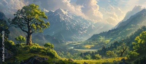 A detailed painting of a mountain landscape with a valley in the foreground. The majestic mountains rise in the distance as the valley leads the eye towards them.