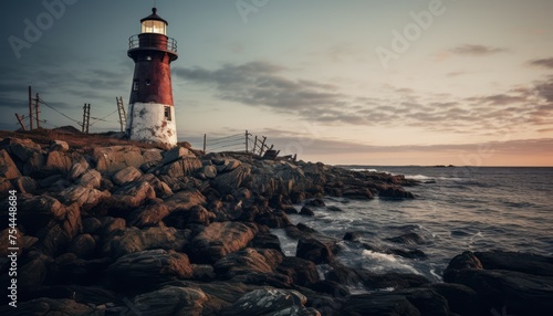 A classic red and white lighthouse stands tall on top of a rocky shore, overlooking the tumultuous waters. The weathered textures of the lighthouse blend with the rugged rocks beneath.