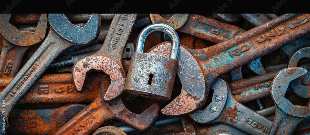 A pile of old, rusted keys stacked together, showing signs of wear and age. A pile of old, rusted keys stacked together, showing signs of wear and age.