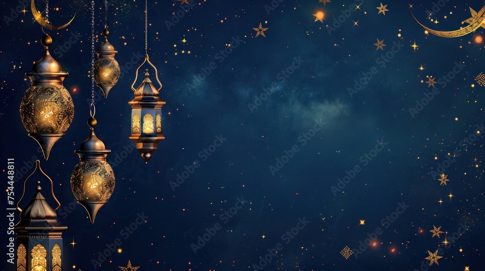 Fototapeta premium Light Navy and Gold Islamic Illustration Background With Copy Space