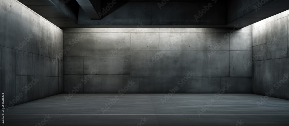 A black and white photograph capturing an empty room with stark dark concrete walls. The room appears desolate and void of any furniture or occupants. A black and white photograph capturing an empty room with stark dark concrete walls. The room appears desolate and void of any furniture or occupants.