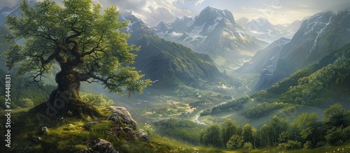 A detailed painting of a mountain valley featuring a tree in the foreground  capturing the essence of nature and landscape.