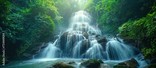 A large, powerful waterfall rushes down rocks in the heart of a lush forest, surrounded by towering trees and greenery.