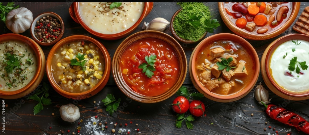A table displaying an assortment of food bowls filled with different types of dishes. A table displaying an assortment of food bowls filled with different types of dishes.