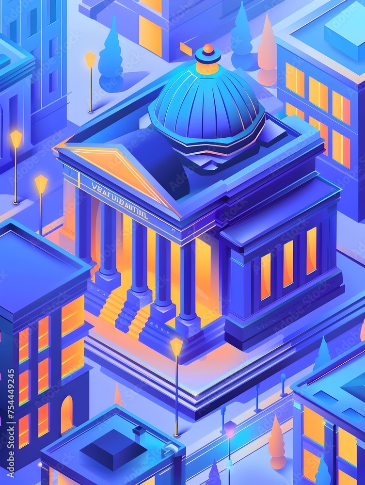 Isometric Illustration of a Bank Building with Blue Dome in London and ...