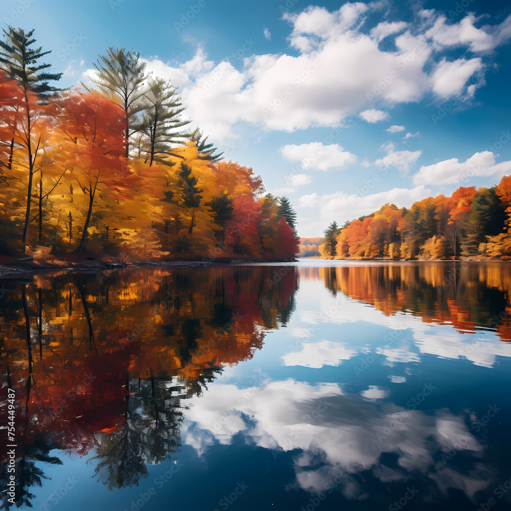 A serene lake reflecting autumn foliage.