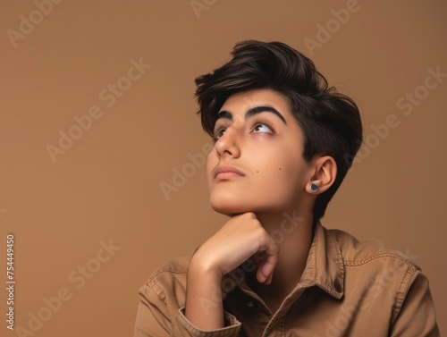 A woman with brown hair and brown eyes is looking at the camera. She is wearing a brown shirt and has a black earring. The image has a contemplative mood, as the woman is deep in thought
