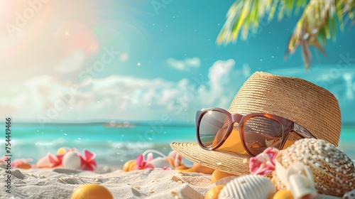 Summer Vacation Concept with Beach Hat, Sunglasses, and Seashells on Sand against Blue Sky Backdrop photo