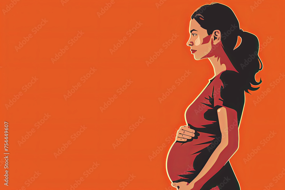 A striking silhouette of a pregnant woman in profile, set against a bold orange background, evoking warmth and anticipation.