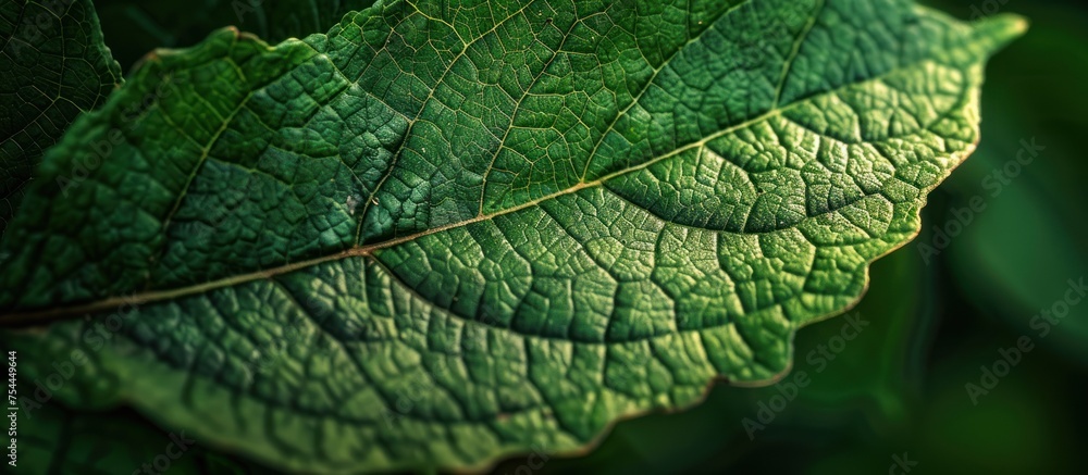 Obraz premium A detailed close up of a vibrant green leaf, showcasing its intricate veins and vibrant color.