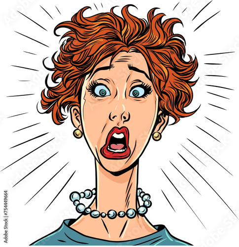The woman looks ahead in fear. Vivid expression on the face due to the event. Abnormal surprise about.