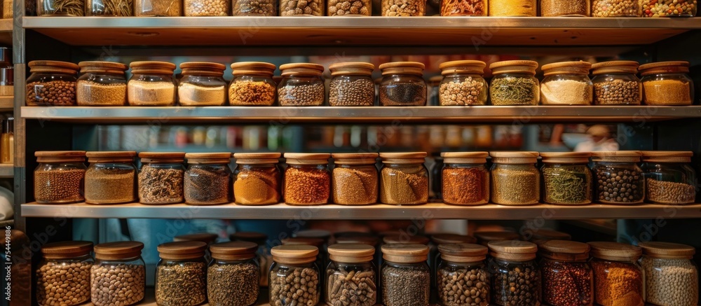 Various jars filled with spices and condiments neatly arranged on a shelf.