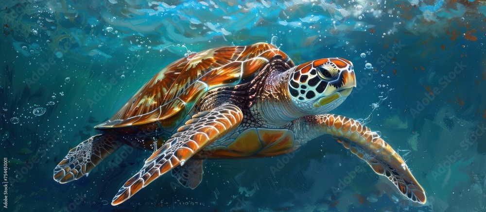 A painting depicting a juvenile green sea turtle gracefully swimming in the ocean. A painting depicting a juvenile green sea turtle gracefully swimming in the ocean.