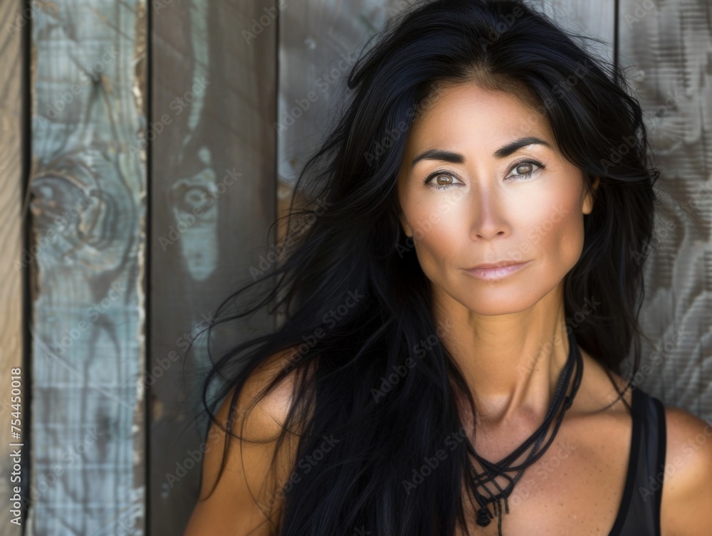 A woman with long black hair and a black tank top is standing in front of a wooden wall A woman with long black hair and a black tank top is standing in front of a wooden wall