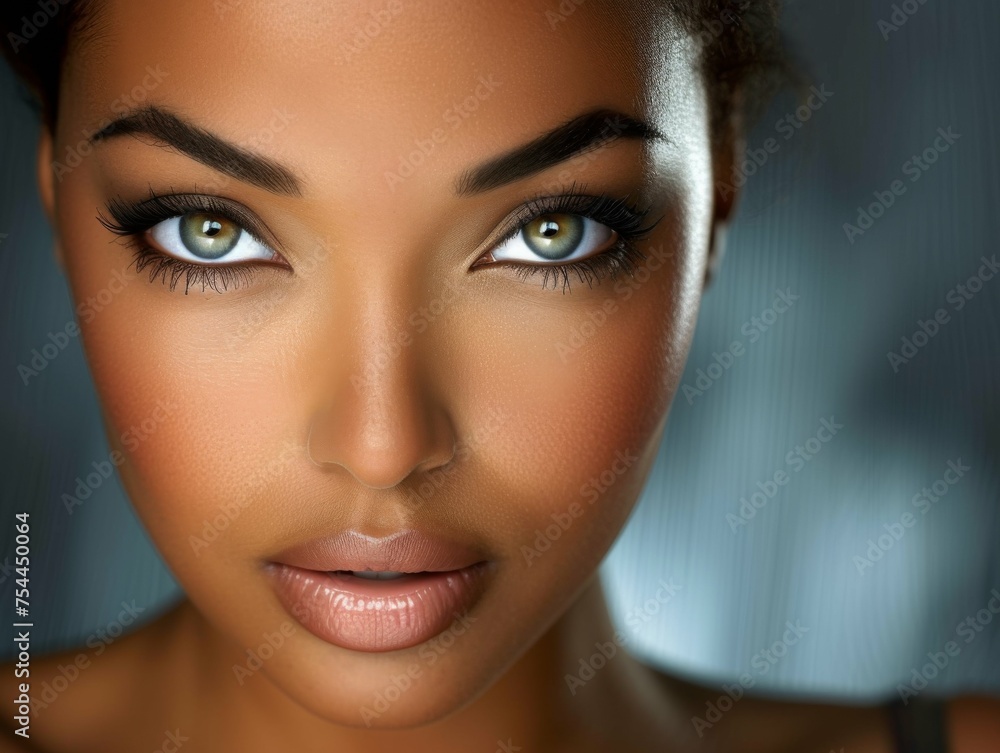 A woman with green eyes and brown hair. She has a nice smile and is wearing makeup. The image has a bright and cheerful mood A woman with green eyes and brown hair. She has a nice smile and is wearing makeup. The image has a bright and cheerful mood