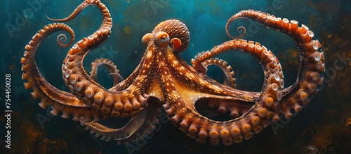 An octopus gracefully propels itself through the water, displaying its tentacles as it moves effortlessly. © FryArt Studio