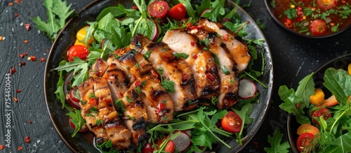 A plate of food featuring savory sliced grilled pork with a variety of fresh vegetables, creating a colorful and nutritious meal.