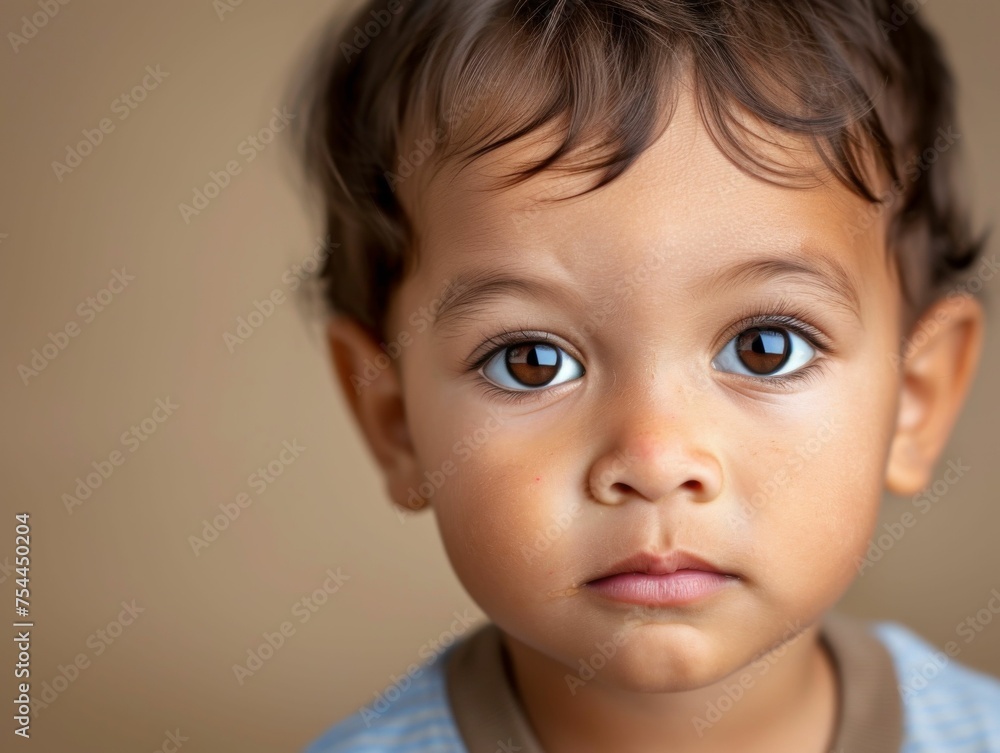 A young child with brown hair and brown eyes is looking at the camera. The child is wearing a blue shirt and has a brown nose A young child with brown hair and brown eyes is looking at the camera. The child is wearing a blue shirt and has a brown nose