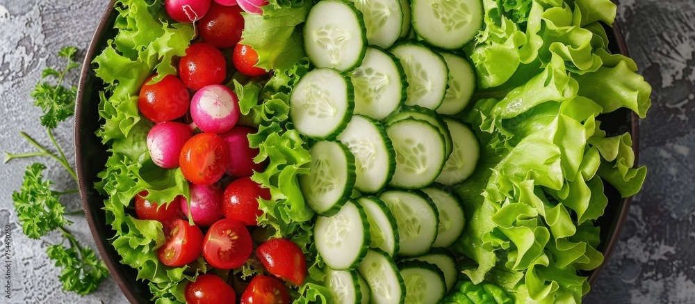 A platter filled with fresh cucumbers, ripe tomatoes, and crisp lettuce leaves, creating a vibrant and healthy green salad.