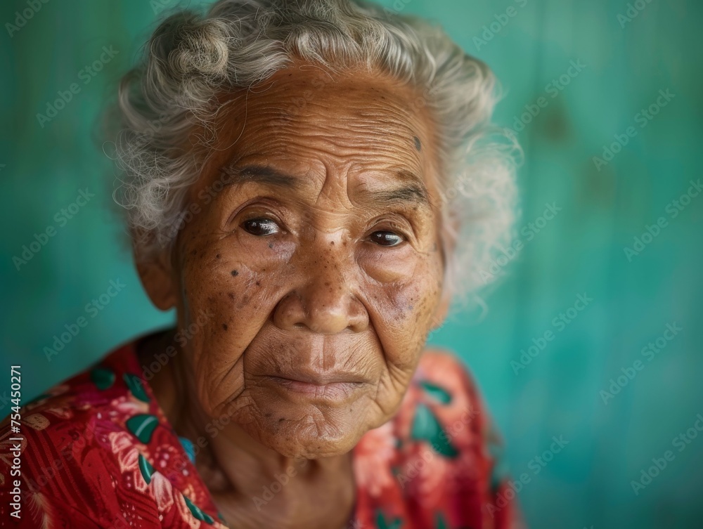 A woman with grey hair and wrinkles on her face is wearing a red dress. She is looking directly at the camera A woman with grey hair and wrinkles on her face is wearing a red dress. She is looking directly at the camera