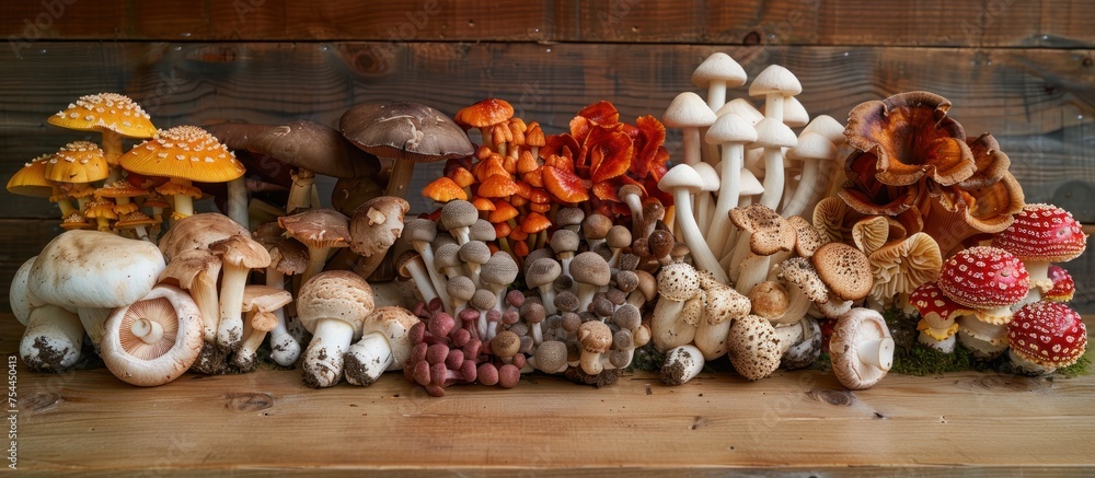 A variety of mushrooms sit on top of a wooden table. A variety of mushrooms sit on top of a wooden table.