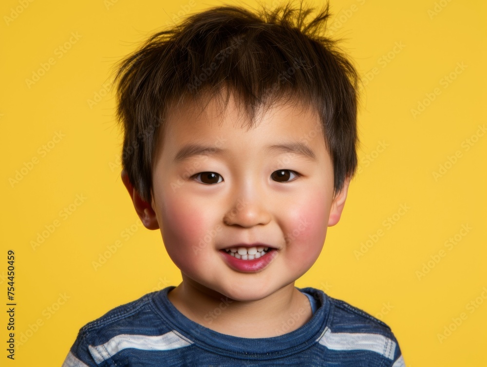 A young boy with brown hair and a blue and white striped shirt is smiling. The boy's smile is bright and cheerful, and he is happy and content A young boy with brown hair and a blue and white striped shirt is smiling. The boy's smile is bright and cheerful, and he is happy and content