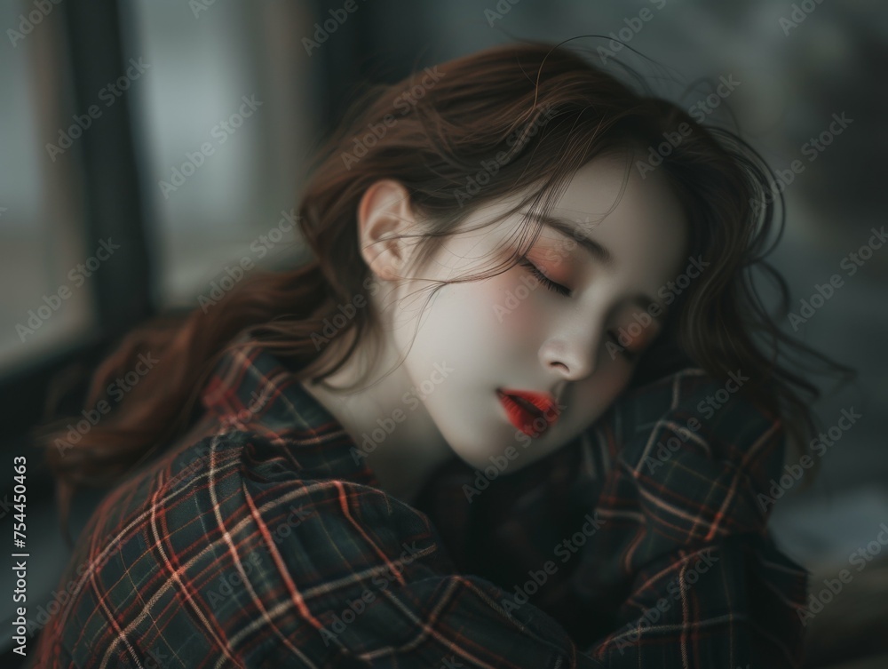 A woman with long brown hair is sleeping with her head on her hand. She is wearing a red lipstick A woman with long brown hair is sleeping with her head on her hand. She is wearing a red lipstick