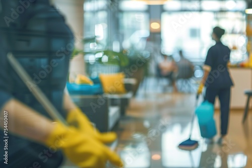A woman in a yellow apron is cleaning a hotel lobby. She is holding a mop and a bucket © Nico