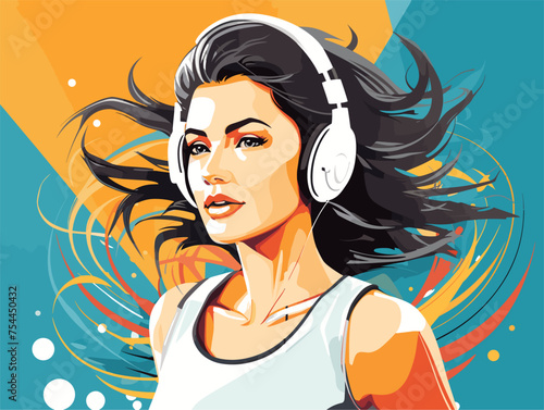 simple Vector in modern thin line style of running girl with headphone in the city