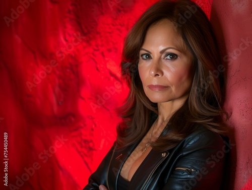 A woman with long brown hair and a black leather jacket is standing in front of a red wall © imagineRbc