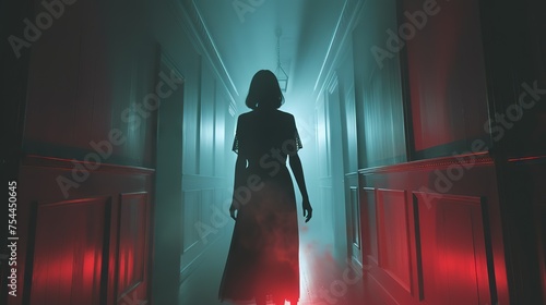 Silhouette of a woman in a misty, red-lit hallway evoking a cinematic feel.